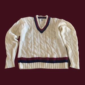 Bullock’s Wilshire Men’s Orlon Ivory, Burgundy and Navy Sweater
